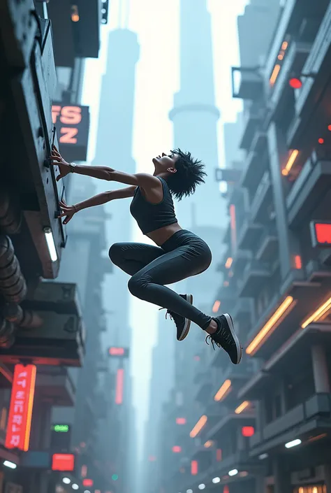 Human doing parkour in a cyber city