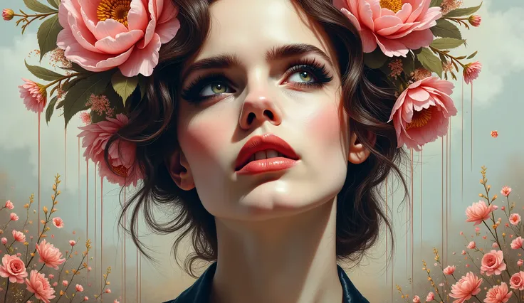 Emma watson A botanical masterpiece in the style of Marco Mazzoni, detailed, hyper-realistic, elemets of symbolism and surrealism, a painting by mse a attractive seductive Emma watson  by agnes cecile, luminous design, pastel colours, ink drips, spring lig...