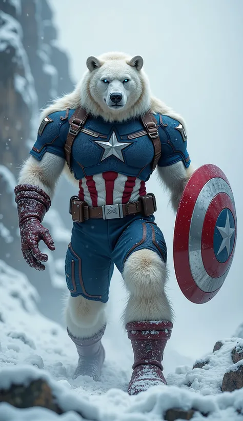 "Create an ultra-detailed and realistic image of a hybrid creature featuring the muscular body of Captain America and the fierce face of a white bear. The creatures body is clad in Captain Americas iconic suit, complete with a star-emblazoned chest, red-an...