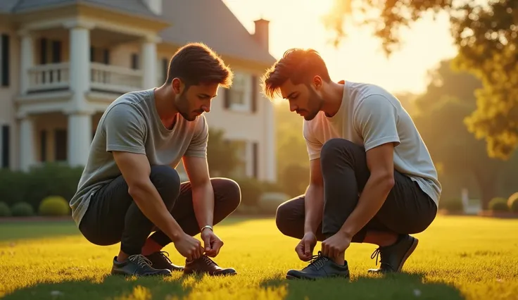 A sunny morning outside the family home. Sam ties his shoelaces with focus, while Tom stretches, looking determined. The home behind them is grand, showing their privileged lifestyle.  
