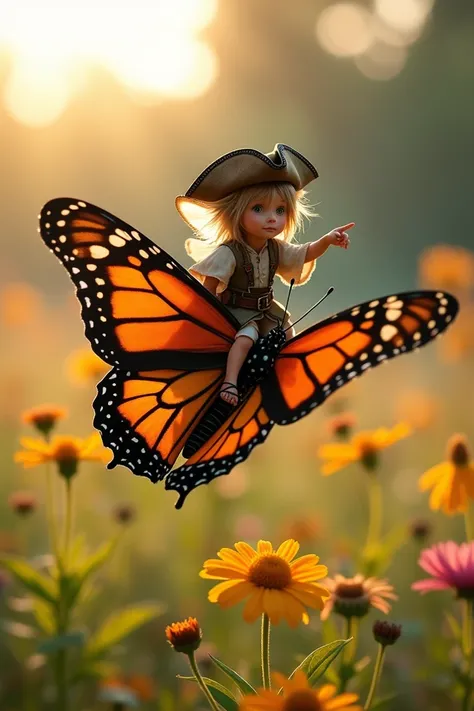 Pixie Pirate on a Butterfly
"Macro photograph of a mischievous pixie pirate wearing a tiny tricorn hat, a tattered cloak, and a cutlass strapped to their side, riding on the back of a majestic orange and black monarch butterfly. The butterfly soars over a ...