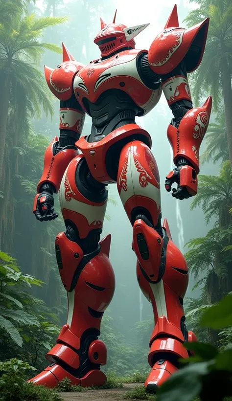 "A 12-meter tall robot designed with the red and white colors of the Indonesian flag. The robot has an elegant and smooth design, resembling traditional Balinese patterns and motifs. Its legs are designed like pillars, strong and supportive, while its tors...