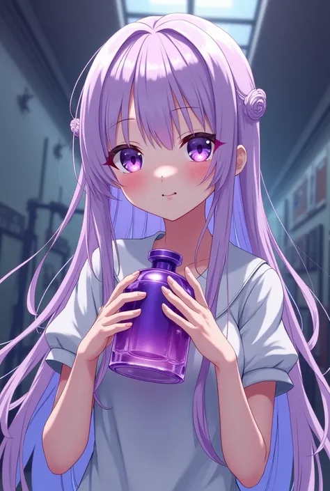  girl,  with lavender hair a little pink. , Eyes purple , Long hair, , holding perfume in hand, purple perfume., อนิ เมะ girl, Wearing a patient dress in a crazy hospital 