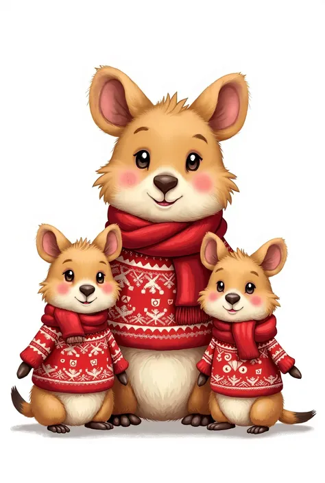 A cute Cartoonish young Quokka Family wear winter sweater Scarf Clipart. 32k detailed, red & white, for Christmas, t-shirt, on white background.