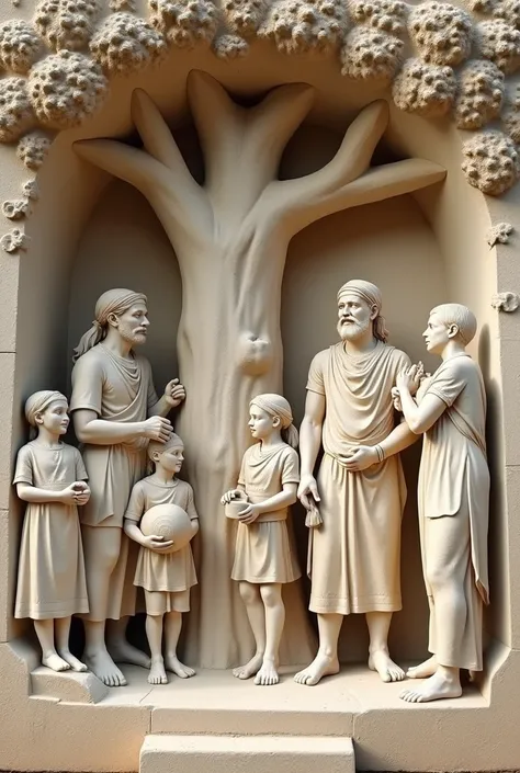 A Michael Angelo relief sculpture made on a big wall have a group of people doing their own things based on Ethiopian oromo traditional day have a big tree in the middle have young Ethiopian families holding Oromo traditional items on their hands, celebrat...