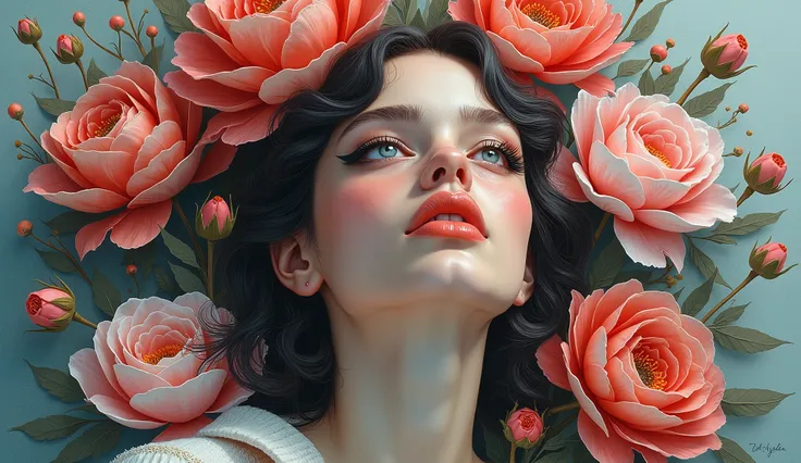 elle fanning A botanical masterpiece in the style of Marco Mazzoni, detailed, hyper-realistic, elemets of symbolism and surrealism, a painting by mse a attractive seductive Emma watson  by agnes cecile, luminous design, pastel colours, ink drips, spring li...