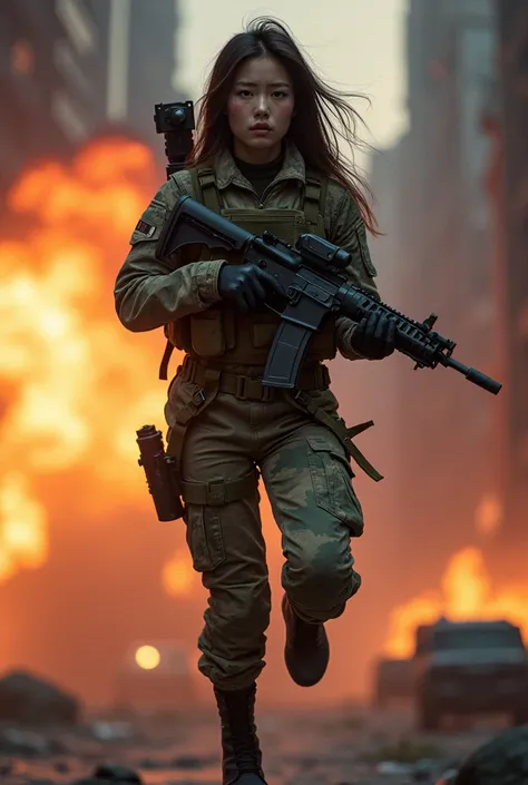 documentary photo, Photo-realistic, ultra-realistic, beautiful asian girl, famous Asian idol, (Fully equipped for battle:1.5), holding m4a1 large assault rifle, (spectacular view of massive explosion at buildings:1), (she is very scared and crying:1), (wea...