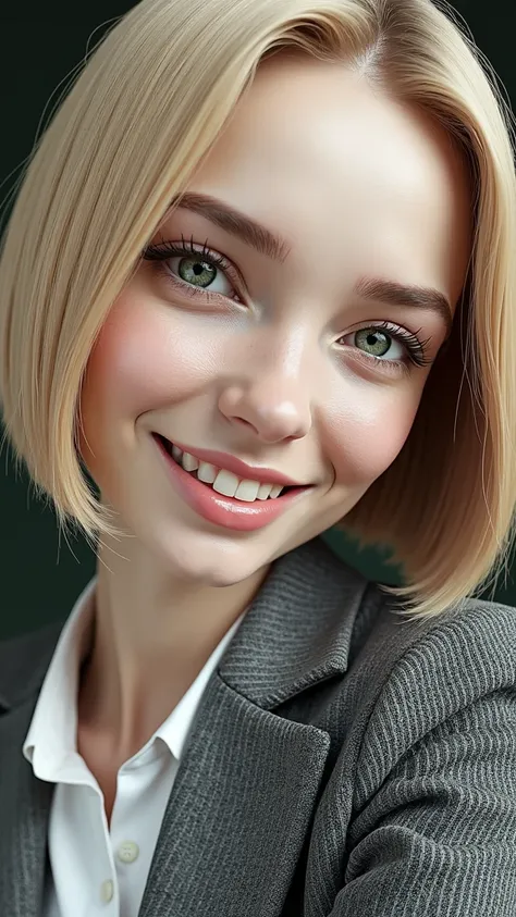 Create a realistic portrait of a live blonde girl with a bob hairstyle without bangs ,  green eyes , light skin,  in a white office shirt and light-colored pants standing facing the viewer smiling hands folded cross to cross light milky plain very realisti...