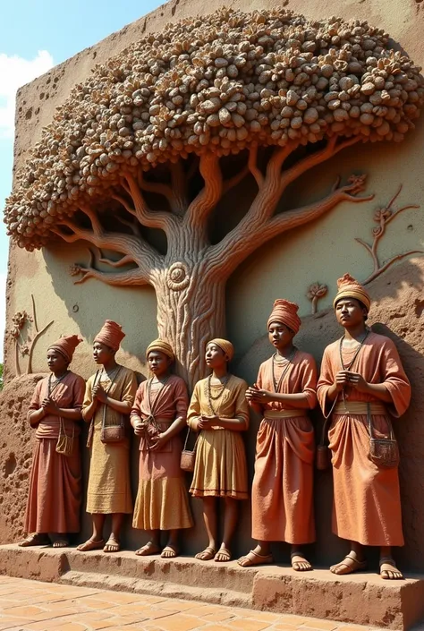 A Michael Angelo relief sculpture made on a big wall have a group of people doing their own things based on Ethiopian oromo traditional day have a big tree in the middle have young Ethiopian families holding Oromo traditional items on their hands, celebrat...