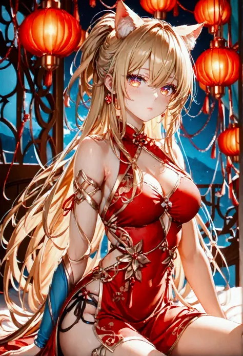  1girl, Long smooth straight golden hair,  iridescent eyes ,sporty hourglass figure , sitting in a revealing Chinese dress .masterpiece, super detail, Detailed eyes,  Best quality, 