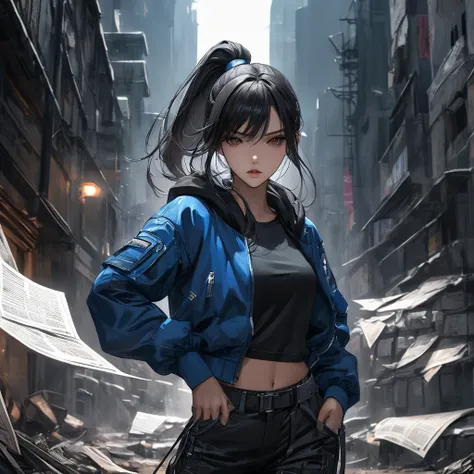 Neo-noir Futuristic art style, waist-up view, A semi-realistic anime-style woman with long, sleek black hair styled in a high ponytail. Aged 21. indonesian. She has a sharp, warm tan, symmetrical face with a defined jawline that highlights her serious and ...