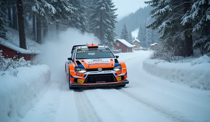 a rally car volks wagon polo super 1600 in oragne and white color, car running on narrow track, snow covered road, snow covered trees, winter season, view from behind, tall trees, houses around road, dark weather