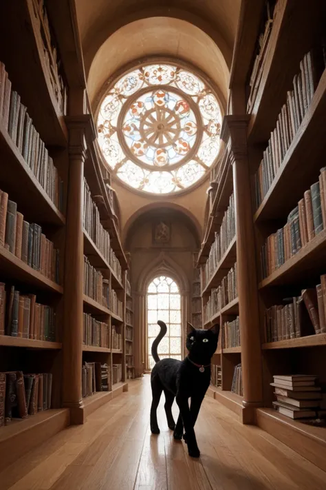 The scene begins with a medium shot of a black cat walking through an ancient library. After 2 seconds, the camera quickly pulls back, revealing that the library has transformed into a massive magic circle, with the black cat at its center. The pages of bo...