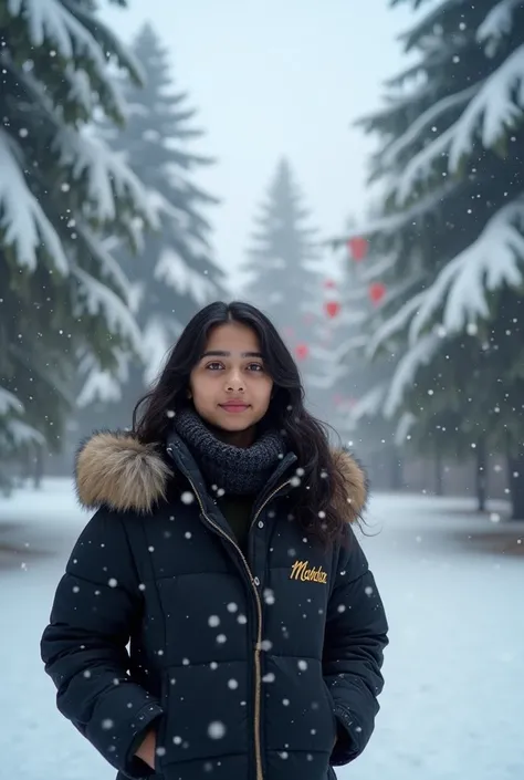 Create a realistic picture with snowfall in which there are some snowy trees. And a 20-year-old Indian girl is wearing a black jacket with the name “Mahmuda” written on it. There is a cold atmosphere all around. It is also snowing a little. There is a Happ...