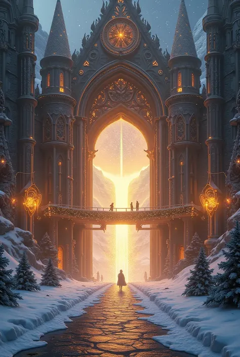  Please create a realistic picture of Valhalla .  The bridge between the two worlds Midgard and Valhalla should also be visible. Make the picture look Christmassy . 