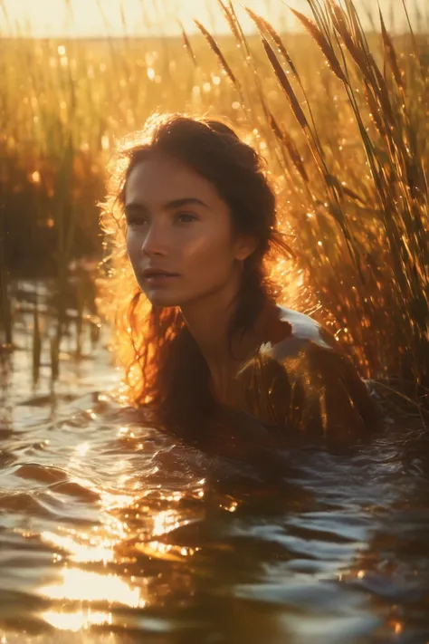 (masterpiece,best quality, ultra realistic,32k,RAW photo,detail skin, 8k uhd, dslr,high quality, film grain:1.5), close up portrait of a cute woman bathing in a river, reeds, (backlighting), lens flare, shade, bloom, [[chromatic aberration]], by Jeremy Lip...