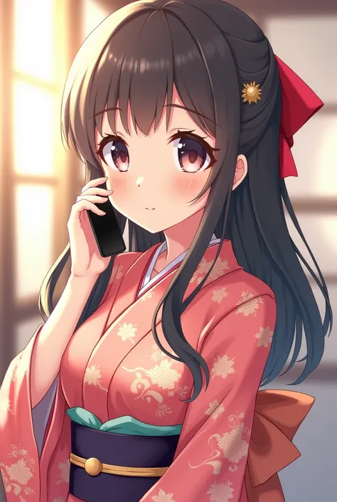 Japanese Girls，Be between 18 and 22 years old，Thin body，穿着短式和服， with a bright smile on his face ，Wearing a short kimono with my phone 