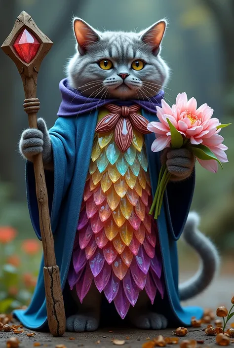 Fat Adult Gray British short-hair female humanoid cat wearing multicolour crystals scale wizard dress and holding blooming flowers wooden staff in cat paws.