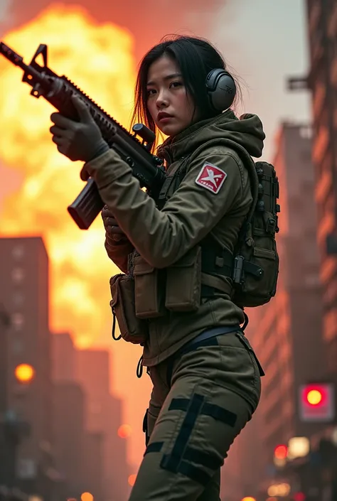 documentary photo, Photo-realistic, ultra-realistic, beautiful asian girl, famous Asian idol, (Fully equipped for battle:1.5), holding m4a1 large assault rifle, (spectacular view of massive explosion at buildings:1), (she is very scared and crying:1), (wea...