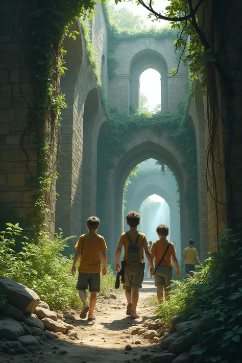 A group of young boys exploring an ancient, crumbling ruin covered in vines, with a sense of fear and curiosity.