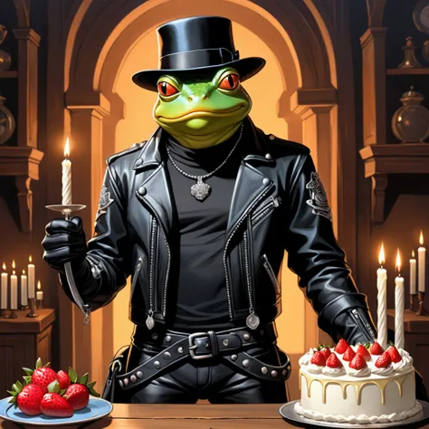 Anime art style, An extremely badass anthropomorphic light blue and white bullfrog wearing an insanely cool black leather Harley Davidson biker jacket open, black fedora, black shirt, black leather biker gloves, black leather biker pants, cook bakes a larg...