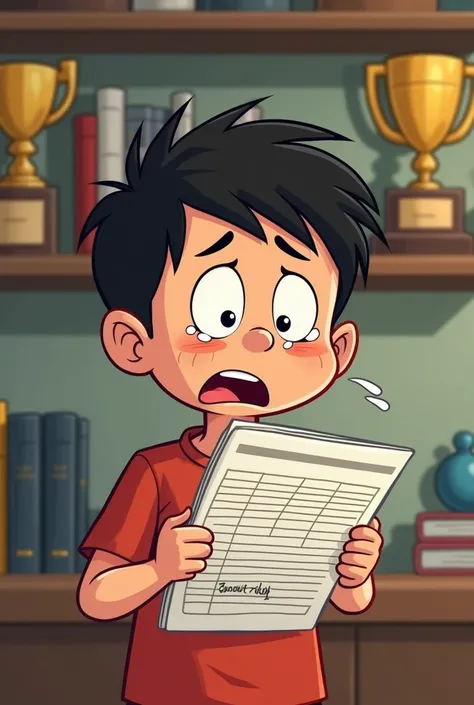 Cartoon of a  boy holding a ledger like a rapot while crying looking at its ugly value in his home with trophies and medals behind him