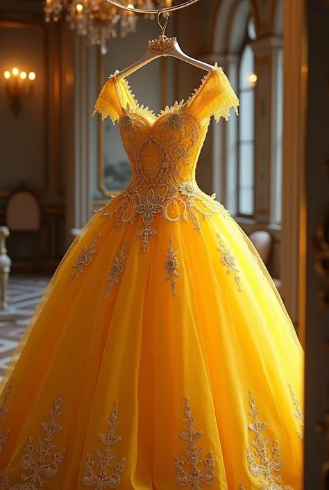 Bright yellow magic princess dress on a hanger for going to the ball in the castle