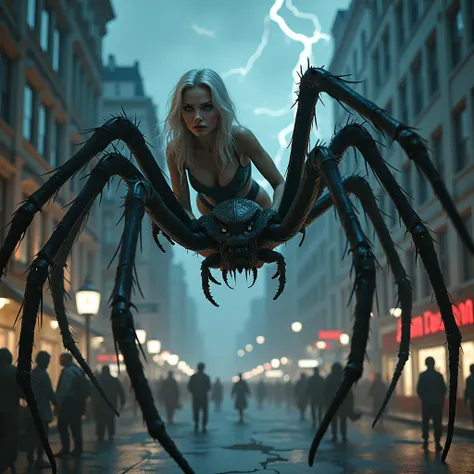  The spider woman is sticking to the ground 、 the face of a beautiful white woman is a human face  、 The spiders body has 8 beautiful human legs、 eyes are green and pupils are white 、Hair is silver、 the spiders web is stretched all over the place 、City、 Pe...