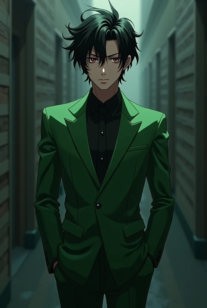 
Anime character wears green suit black hair ash pants