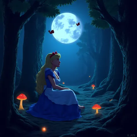 ((masterpiece)), ((high quality)), ((highly detailed)), 20 years old Alice in the wonderland, sitting in the middle of dense woods, big breasts, cleavage, at night, whimsicle clocks ::2, (glowing mushrooms) , , ((glowing butterflies)), moon lit, 8k, uhd