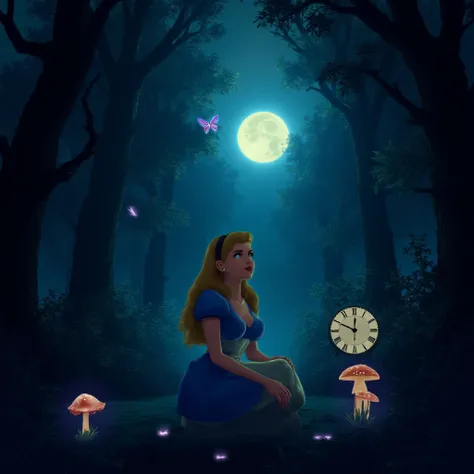 ((masterpiece)), ((high quality)), ((highly detailed)), 20 years old Alice in the wonderland, sitting in the middle of dense woods, big breasts, cleavage, at night, whimsicle clocks ::2, (glowing mushrooms) , , ((glowing butterflies)), moon lit, 8k, uhd