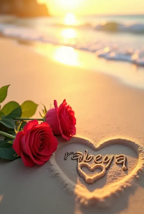 

A 3D render of a serene beach scene with golden sun rays piercing through the horizon, casting a warm glow on the pristine sand. Two vibrant red roses lie in the sand, their petals slightly ruffled and contrasting against the lush green leaves. Surroundi...