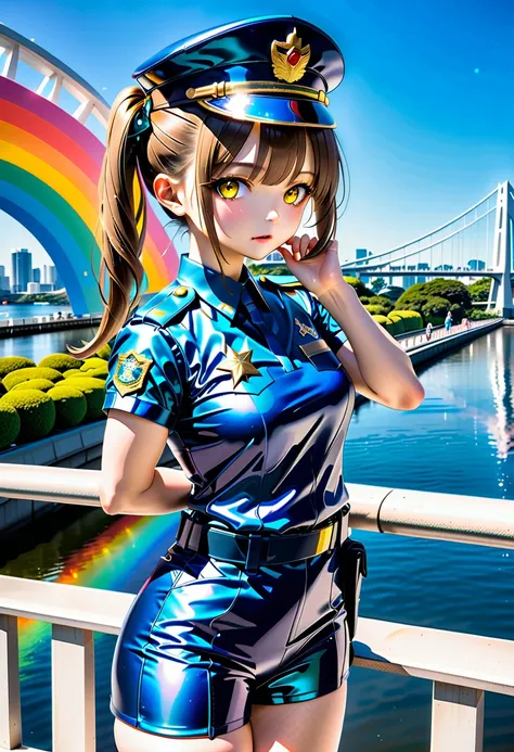 (( Rainbow Bridge in Odaiba :1.5、 Cars Passing by 、Sit on the balustrade:1.5)), ((Chibi:1.5)), ((((Taken diagonally from the front:1.5、from front:1.5)), side view:1.5, looking away:1.5)),  one girl who is at ease, ((Top Models:1.5))、 best quality, masterpi...