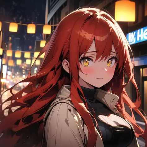 1 female, standing, teary eyes, ((sad expression)), ((very long red hair)), cute eyes, yellow eyes, long eyelashes, large breasts, white trenchcoat, black turtleneck sweater, correct anatomy, (on a sidewalk), night time, city lights, bokeh, portrait, detai...