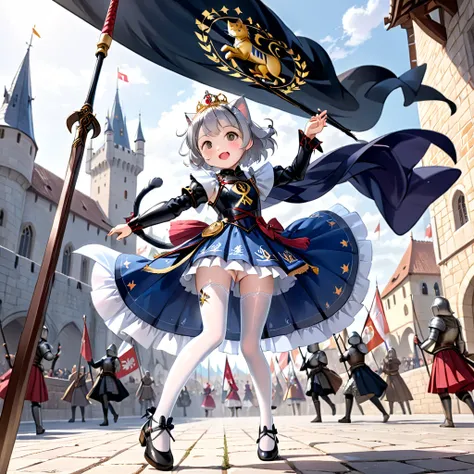 (   teeth、 on a highly detailed CG octren rendering 8K wallpaper、 with a long spear is depicted  ),     showing a beautiful girl dancing in the most beautiful works in the world   ,   A long spear with a flag emblem ,  complicated,    high detail, ８A cute ...