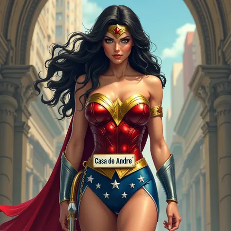  Wonder Woman , were,  with a sign on her stomach that says "Casa de André "