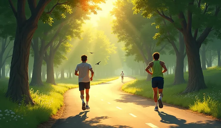 A long sunlit road lined with trees. Sam walks at a slow and measured pace, enjoying the view of the trees and birds around him. Tom is far ahead, running hard under the blazing sun, visibly sweating but determined.  
