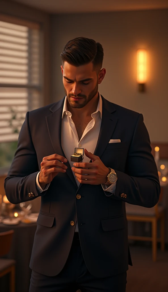 Ethan stands tall and confident, his tailored suit and designer watch exuding wealth and success. In his hand, a proposal ring box