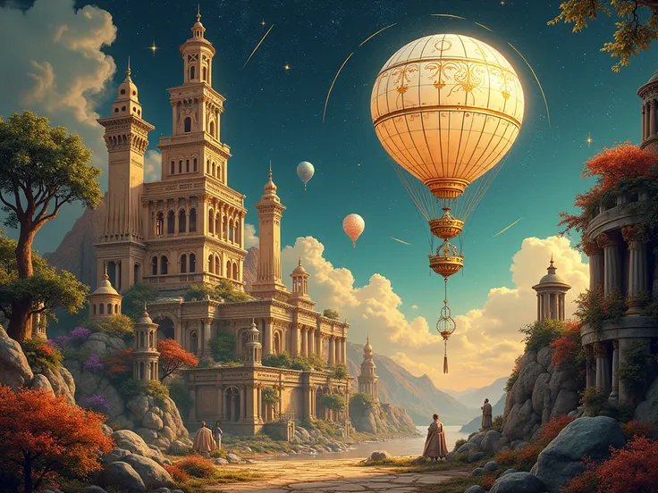 ((page of a comic book)) White steampunk hot air balloons with gears, Victorian styleAncient buildings, archeological ruins of lost civilizations and technologyrose gold cosmic backgroundcosmic flowersquantum steampunk gears multicolored and iridescent lig...