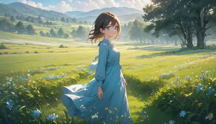 a beautiful detailed winter landscape, a field of lush green grass and budding flowers, soft natural lighting, peaceful and serene atmosphere, 1girl in a light blue dress walking through the field, beautiful detailed face and eyes, elegant and graceful pos...