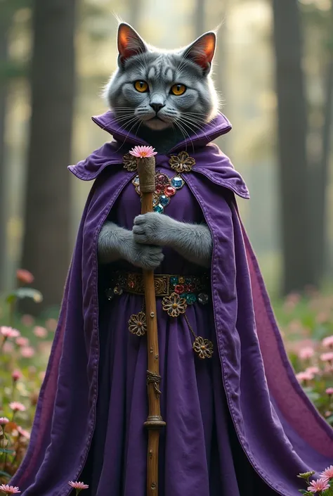 Adult Gray British short-hair female humanoid cat wearing multicolour crystals scale wizard long dress inside purple gypsy hoodie long cloak holding blooming flowers wooden staff in cat paws in pine forest 