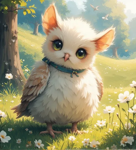  Conceptual Installation Art Fantasy Heartwarming Artwork,  owl under guard，（  girl）,  Cute  owl under guard Gathering , sunny,  pouring sunlight  ,  Gentle Wind Blowing Prairie  , Mister.々effect ,  delicate and dynamic texture , contrasts of light and sha...