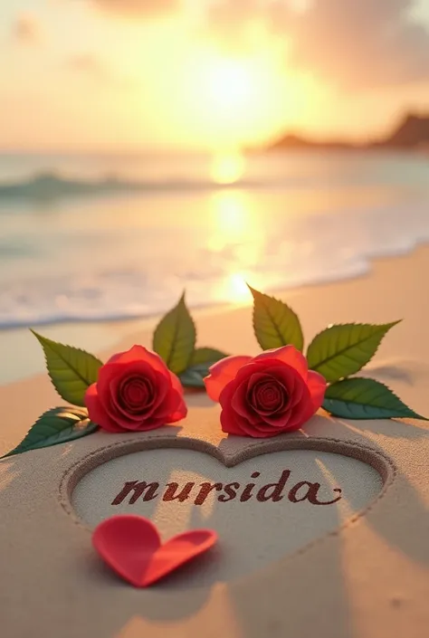 IDEOGRAM 👇 ⬇️ 

A 3D render of a serene beach scene with golden sun rays piercing through the horizon, casting a warm glow on the pristine sand. Two vibrant red roses lie in the sand, their petals slightly ruffled and contrasting against the lush green lea...