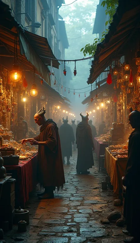 photo realistic, a devils market atmosphere where astral creatures genies and devils carry out buying and selling activities in the market, in a dirty traditional market