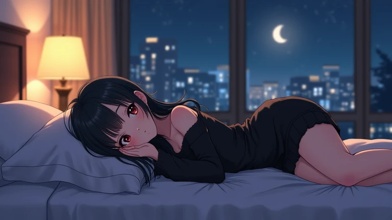 exquisite, beautiful, absurdres, female, lying down, slant eyes, pale skin, skinny, japanese, in the living room, cute, cel anime, dutch angle shot, from behind, One Girl, Bangs, Bangs, black skirt, black jumper, brown eyes, black hair, Eyelashes, Raise Ha...