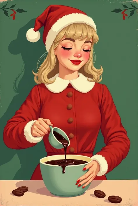 Illustration lumineuse stylisé vintage simple : une jeune fille, 18 ans, elle est mince, les trait fin, visage mince (type billie eilish), cheveux mi-long châtin claire, vêtue dune robe rouge et dun bonnet de père Noël, elle fait couler proprement du choco...