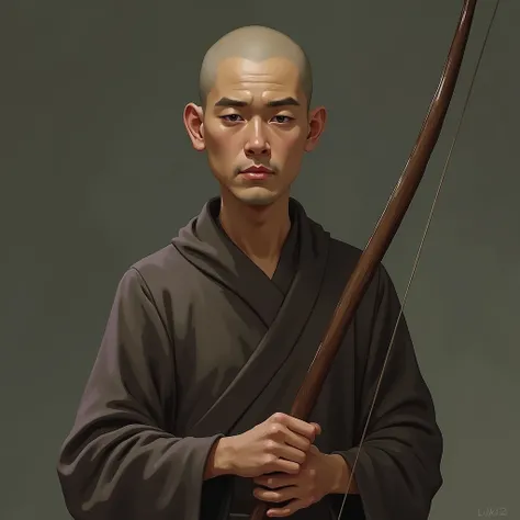 monk in portrait mode, a pensive face holding a bow in his hands