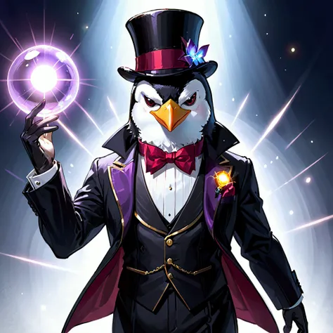 An extremely dapper penguin wearing an insanely snazzy black tuxedo jacket, red bowtie, purple waistcoat, black top hat holding a glowing orb of light.