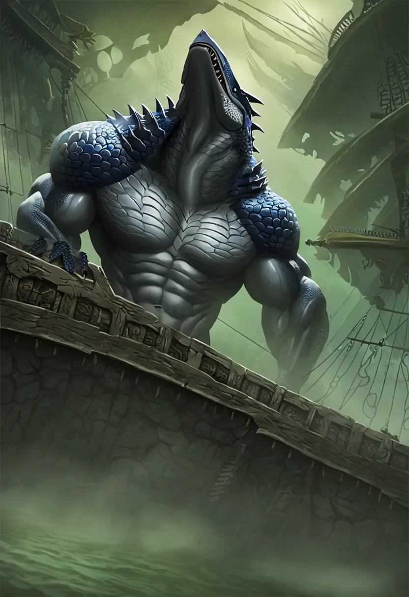 sharkman, gray belly, black and blue hands and fins, black back, solo, big arms, koholasaurus from genshin impact, wearing pants, bara, detailed smooth skin on abs, lizard shark hybrid, anthro, detailed scales, muscular, thick scales on arms and legs, prop...