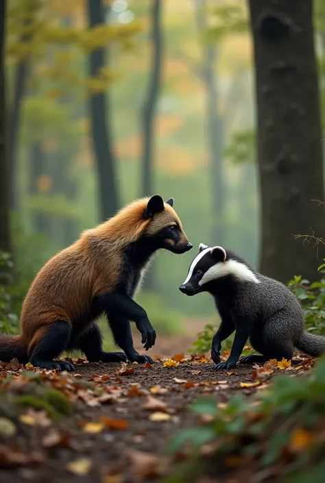 realistic image of wolverine facing a honeybadger in a forest